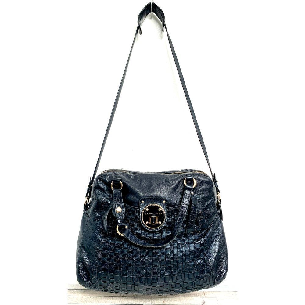 Elliott Lucca WOVEN BLACK GENUINE LEATHER ZIP TOP SHOULDER BAG HANDBAG HOBO TOTE